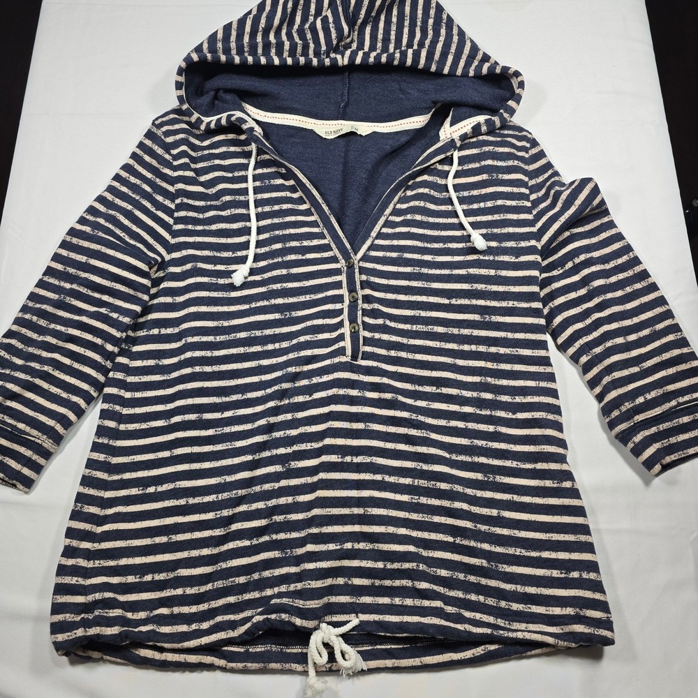 Old Navy Womens Navy Blue Striped Henley Hoodie Sweatshirt 3/4 Sleeve Size M